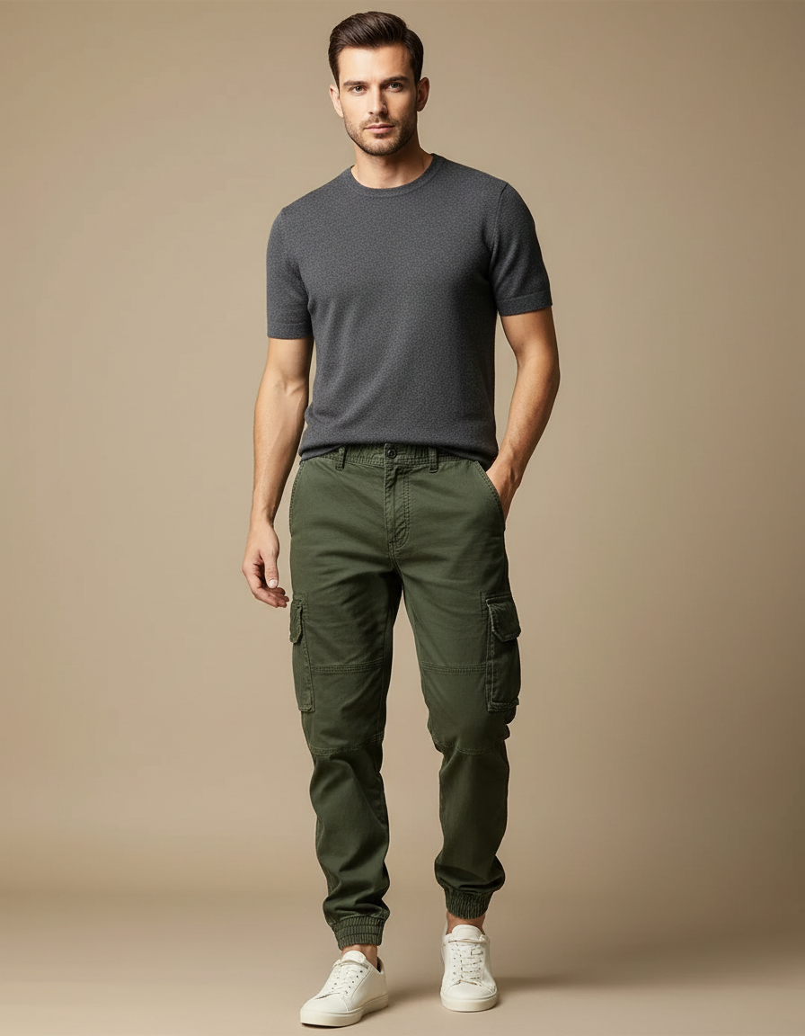 Pantalon Cargo Homme Vert Militaire Slim Coton - Kaki Toile