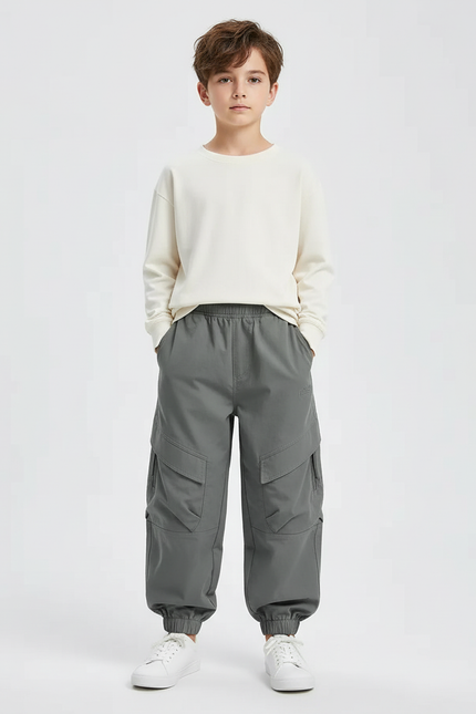 Pantalon Cargo Gris Ample Multipoches Enfant Garçon - Polyester