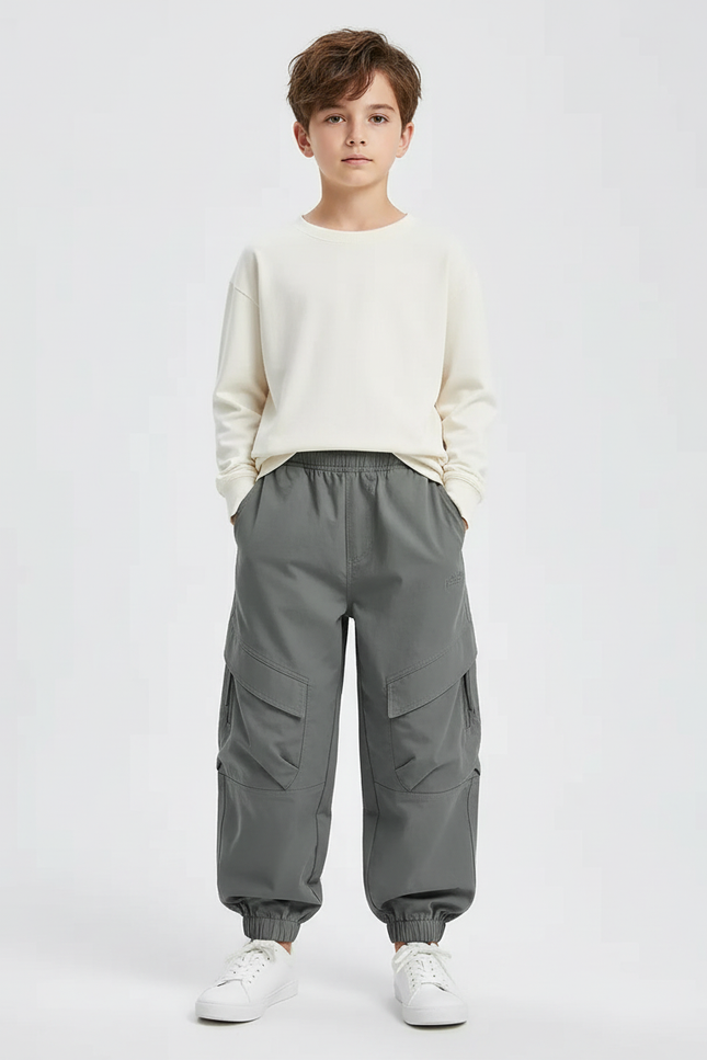 Pantalon Cargo Gris Ample Multipoches Enfant Garçon - Polyester