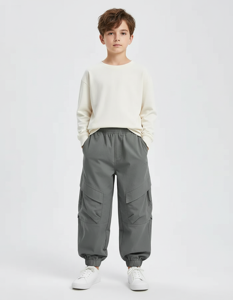 Pantalon Cargo Gris Ample Multipoches Enfant Garçon - Polyester