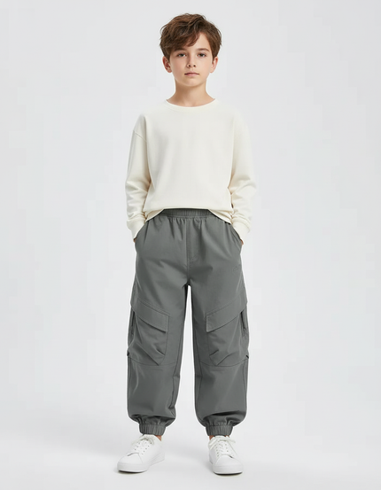 Pantalon Cargo Gris Ample Multipoches Enfant Garçon - Polyester