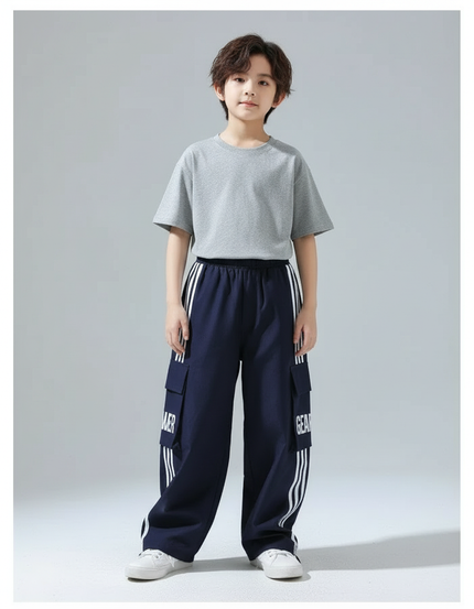 Pantalon Cargo Bleu Marine Ample Rayures Blanches - Molleton
