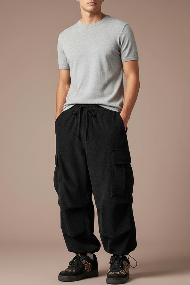 Pantalon Cargo Noir Velours Côtelé Ample Décontracté Homme - Cordé