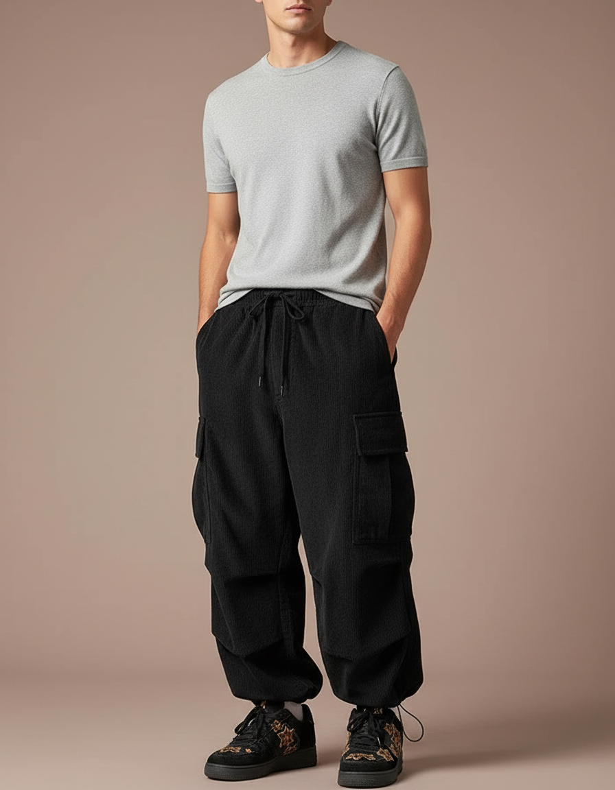 Pantalon Cargo Noir Velours Côtelé Ample Décontracté Homme - Cordé