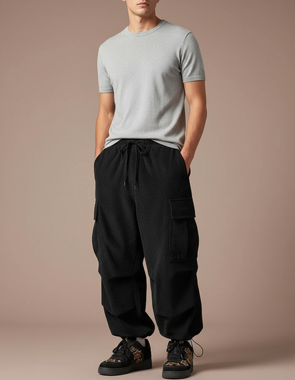 Pantalon Cargo Noir Velours Côtelé Ample Décontracté Homme - Cordé