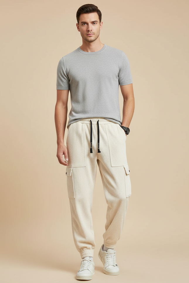 Pantalon Cargo Beige Côtelé Ample Décontracté Homme - Cordé