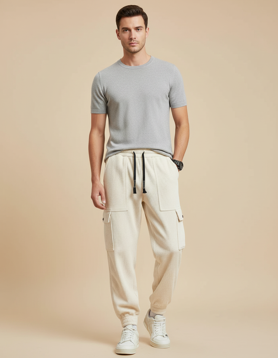 Pantalon Cargo Beige Côtelé Ample Décontracté Homme - Cordé
