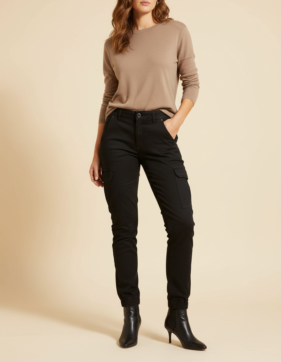 Pantalon Cargo Noir Slim Taille Basse Femme - Toile