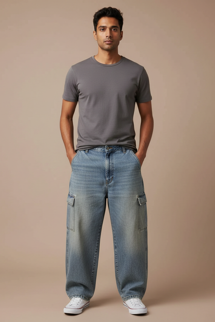 Pantalon Cargo Jean Ample Délavé Multipoches Homme - Bleu