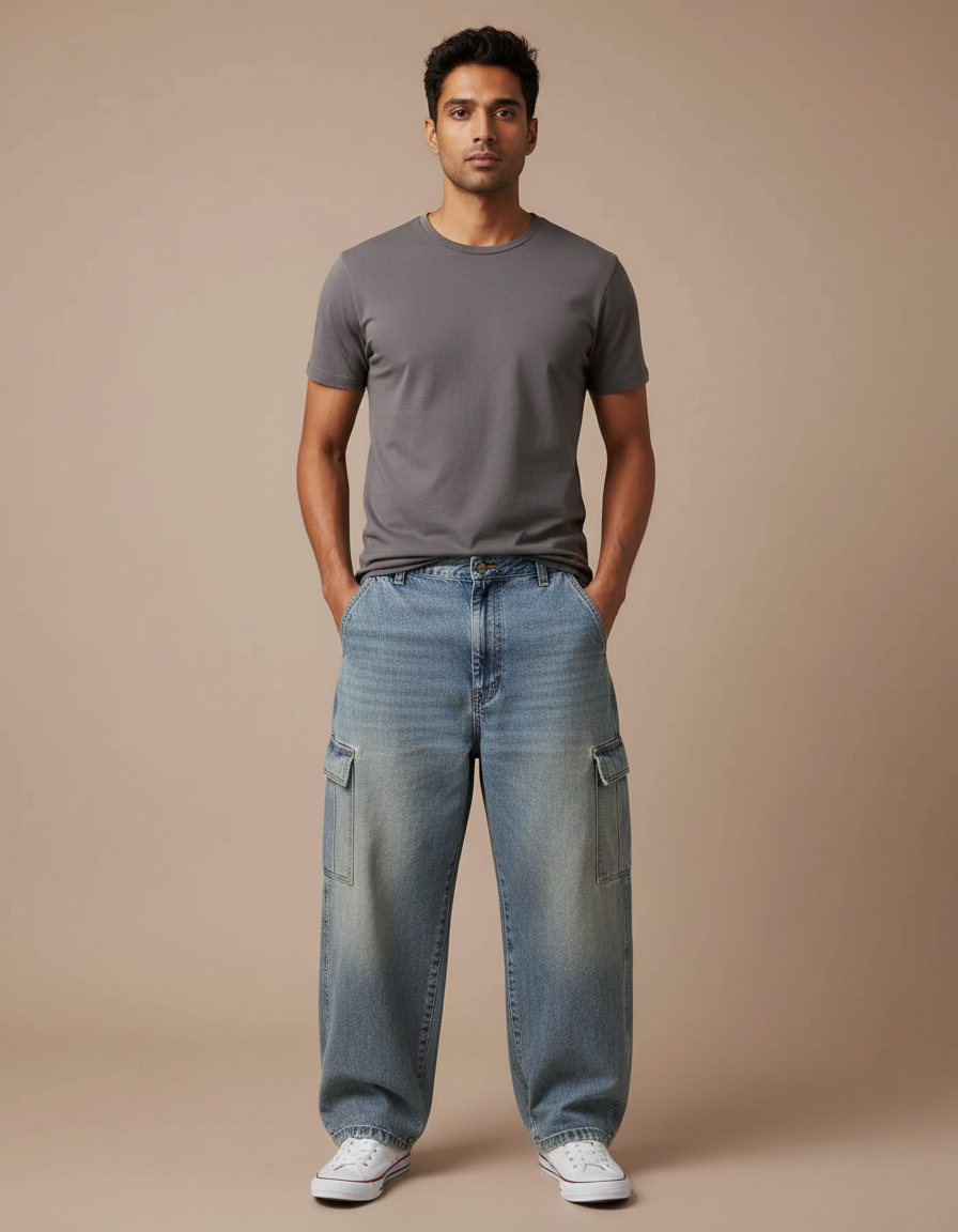 Pantalon Cargo Jean Ample Délavé Multipoches Homme - Bleu