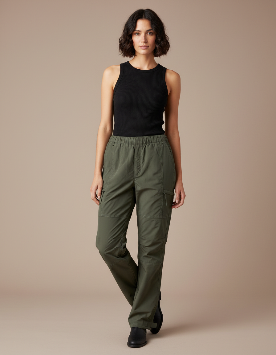Pantalon Cargo Vert Militaire Ample Décontracté Femme - Kaki Toile