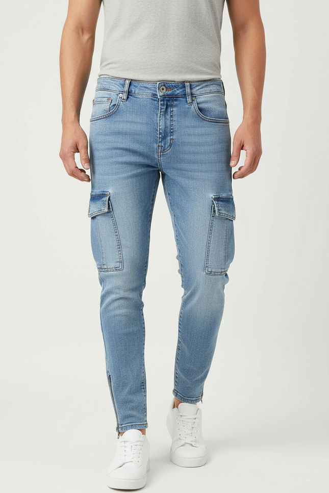 Pantalon Cargo Jean Slim Bleu Clair Multipoches Zippées