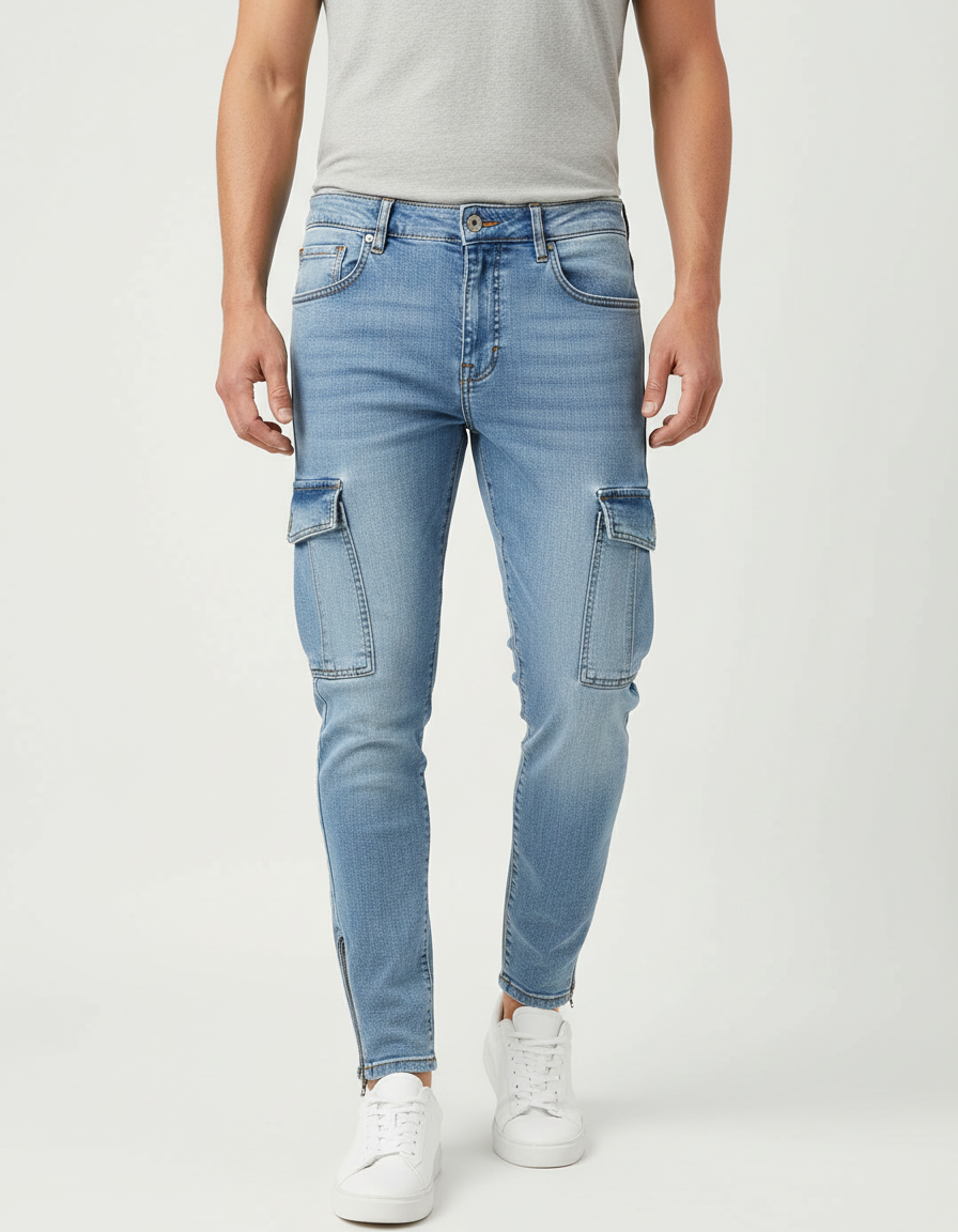 Pantalon Cargo Jean Slim Bleu Clair Multipoches Zippées