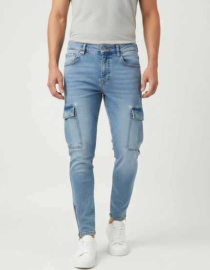 Pantalon Cargo Jean Slim Bleu Clair Multipoches Zippées