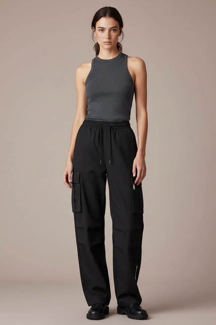 Pantalon Cargo Noir Ample Technique Multipoches - Polyester