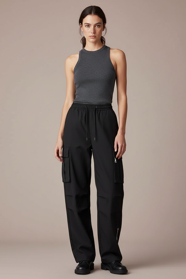 Pantalon Cargo Noir Ample Technique Multipoches - Polyester