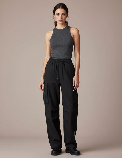 Pantalon Cargo Noir Ample Technique Multipoches - Polyester