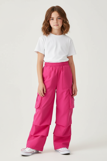 Pantalon Cargo Rose Fuchsia Ample Enfant Fille - Polyester