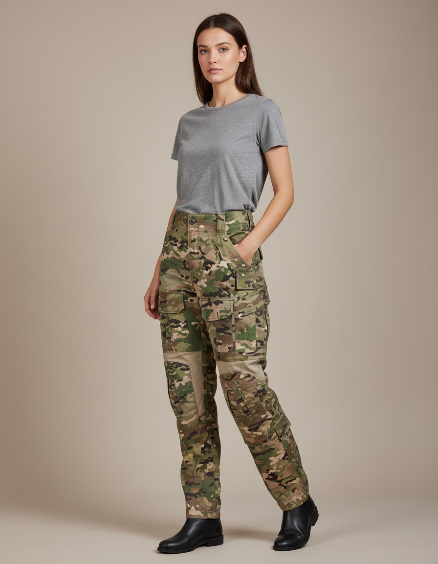 Pantalon Cargo Camouflage Militaire Multipoches Femme - Multicolore Toile