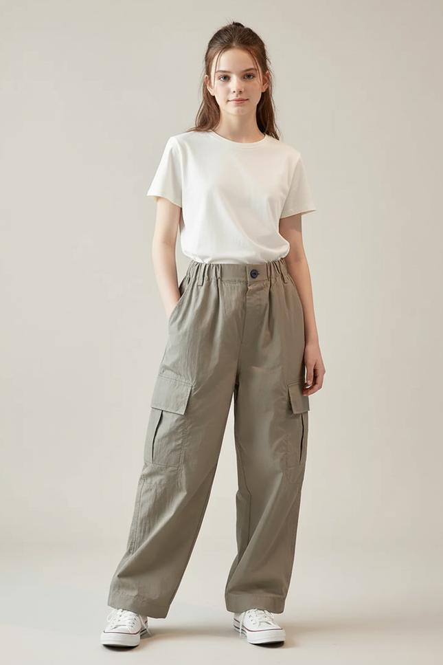 Pantalon Cargo Kaki Ample Léger Poches Multiples Femme - Polyester