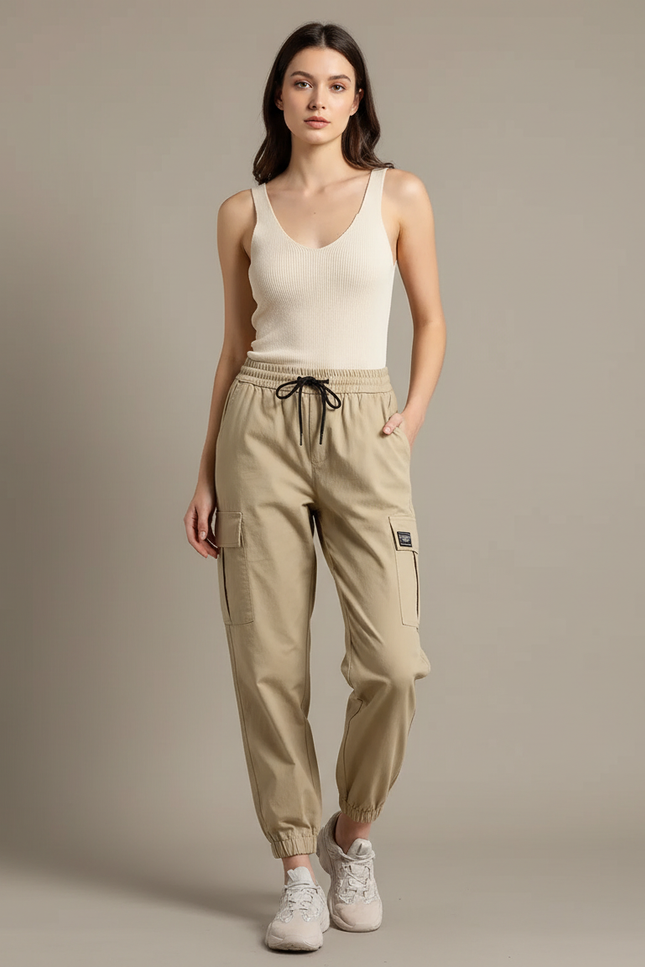 Pantalon Cargo Kaki Femme Taille Haute Décontracté - Gabardine