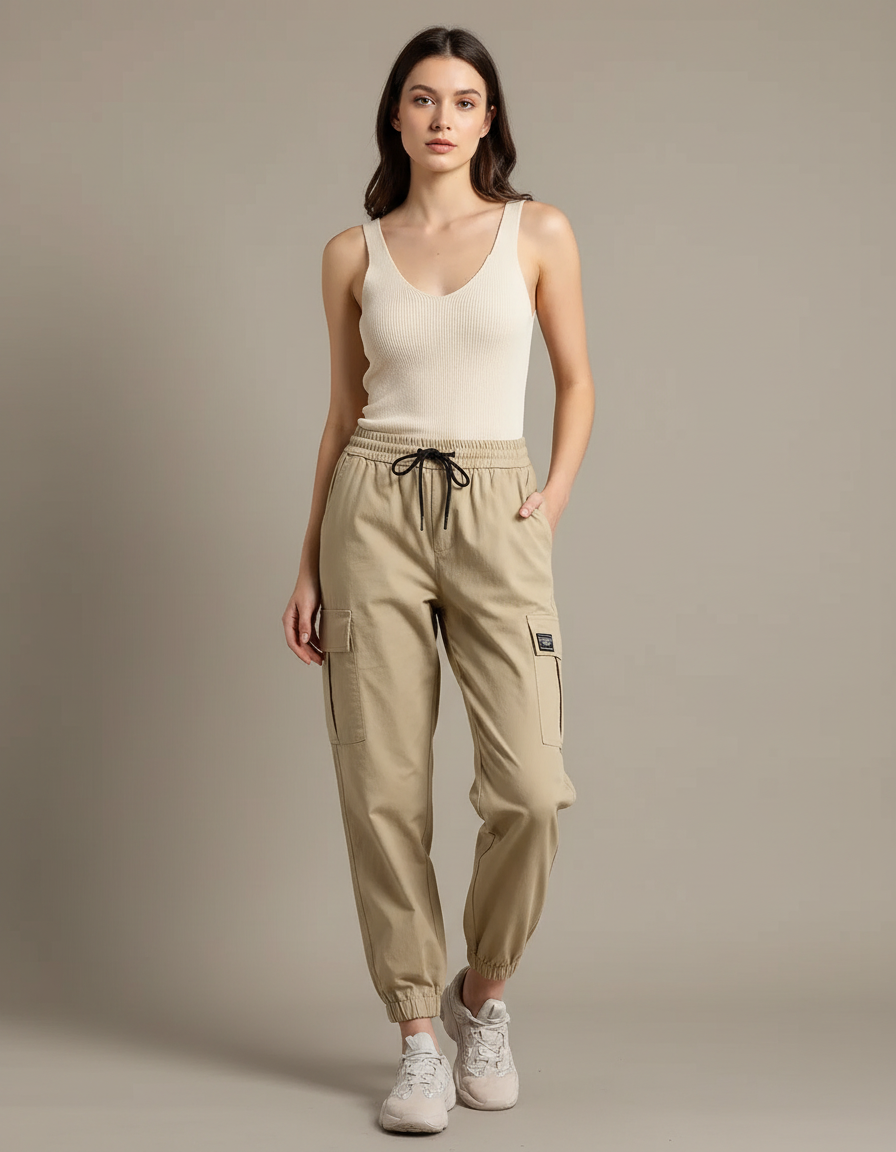 Pantalon Cargo Kaki Femme Taille Haute Décontracté - Gabardine