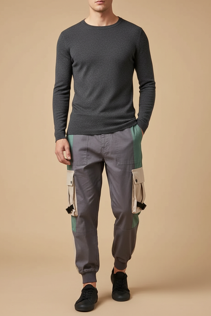 Pantalon Cargo Gris Patchwork Jogger Streetwear Homme - Toile