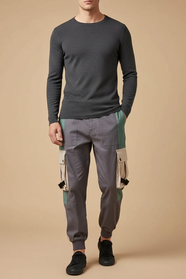 Pantalon Cargo Gris Patchwork Jogger Streetwear Homme - Toile