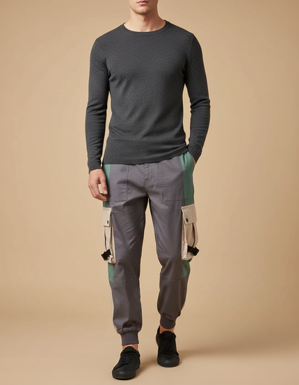 Pantalon Cargo Gris Patchwork Jogger Streetwear Homme - Toile