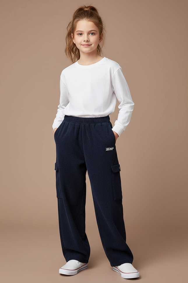 Pantalon Cargo Bleu Marine Côtelé Ample Enfant - Cordé