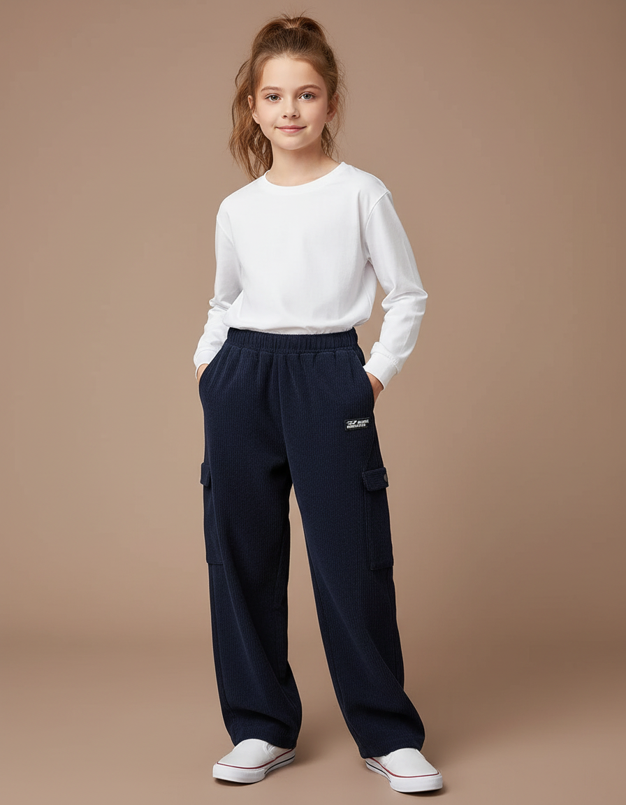 Pantalon Cargo Bleu Marine Côtelé Ample Enfant - Cordé