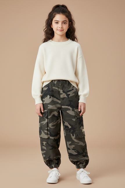 Pantalon Cargo Camouflage Ample Enfant Multipoches Coton - Multicolore Toile