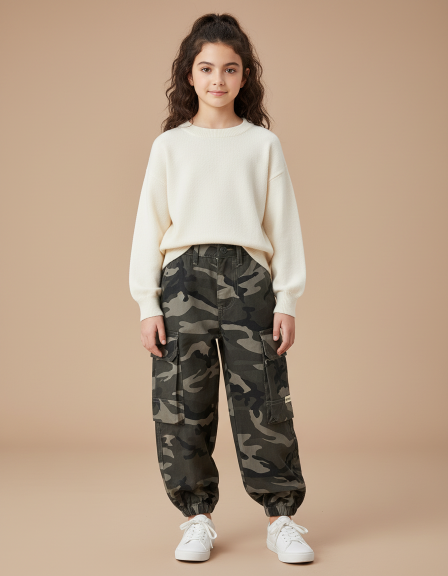 Pantalon Cargo Camouflage Ample Enfant Multipoches Coton - Multicolore Toile