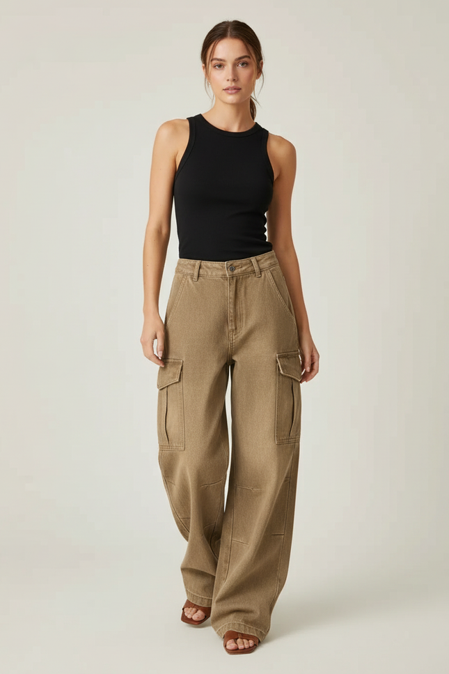 Pantalon Cargo Kaki Ample Denim Poches Femme - Jean