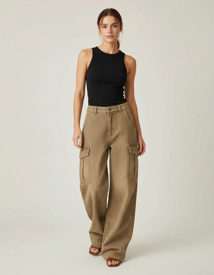 Pantalon Cargo Kaki Ample Denim Poches Femme - Jean
