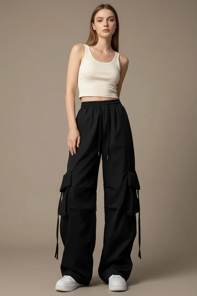Pantalon Cargo Noir Ample Cordon Multipoches Femme - Polyester