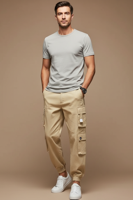 Pantalon Cargo Beige Multipoches Décontracté Coton Homme