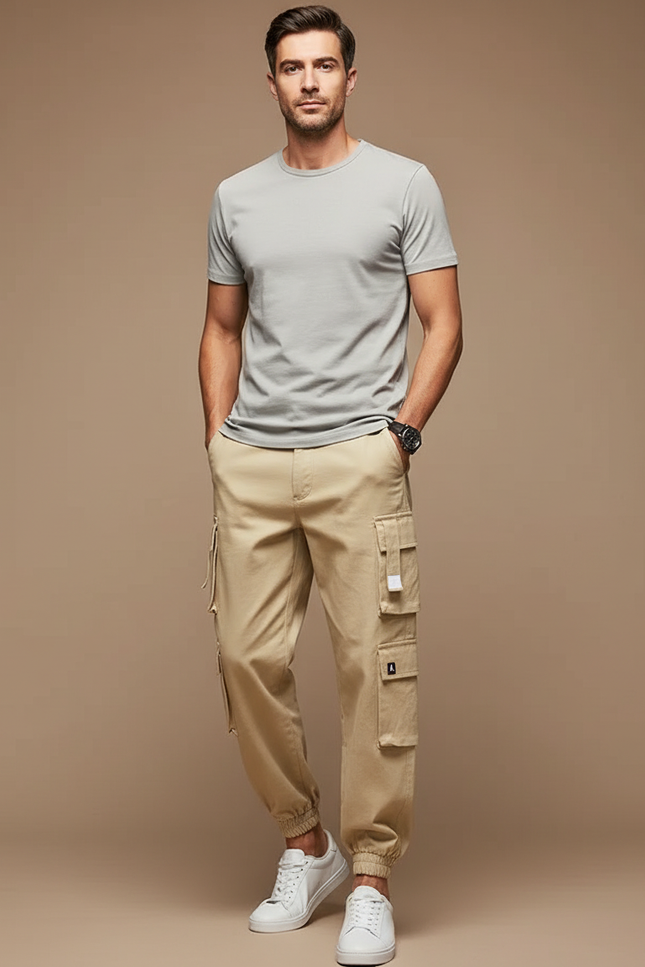 Pantalon Cargo Beige Multipoches Décontracté Coton Homme