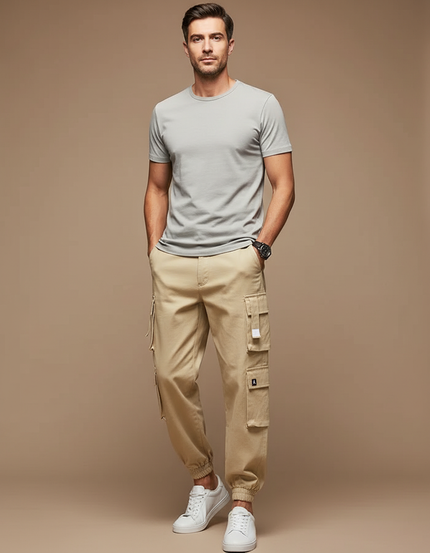 Pantalon Cargo Beige Multipoches Décontracté Coton Homme
