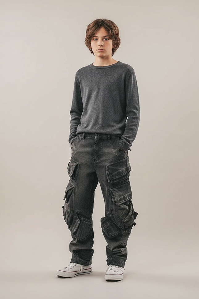 Pantalon Cargo Gris Multipoches Ample Coton - Jean