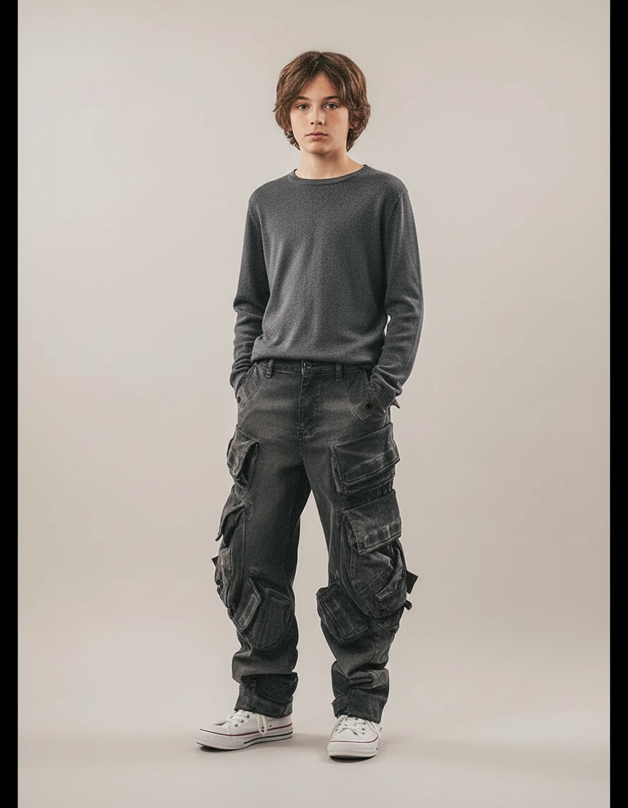 Pantalon Cargo Gris Multipoches Ample Coton - Jean
