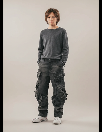 Pantalon Cargo Gris Multipoches Ample Coton - Jean