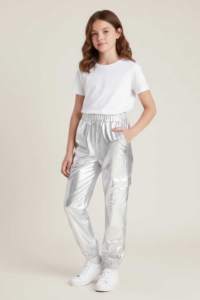Pantalon Cargo Métallisé Argenté Brillant Fille - Simili cuir