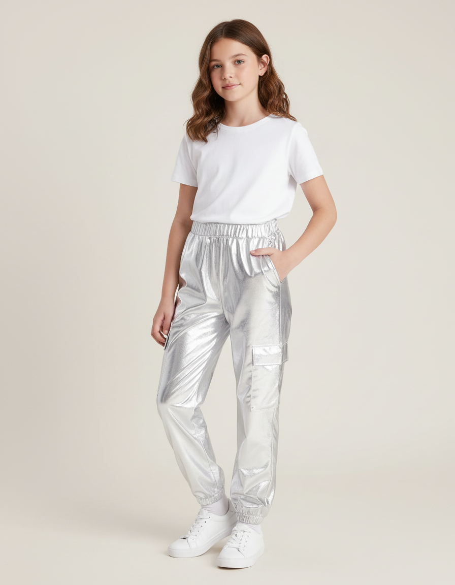 Pantalon Cargo Métallisé Argenté Brillant Fille - Simili cuir