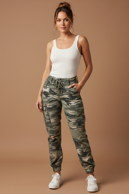 Pantalon Cargo Camouflage Vert Coton Décontracté Femme