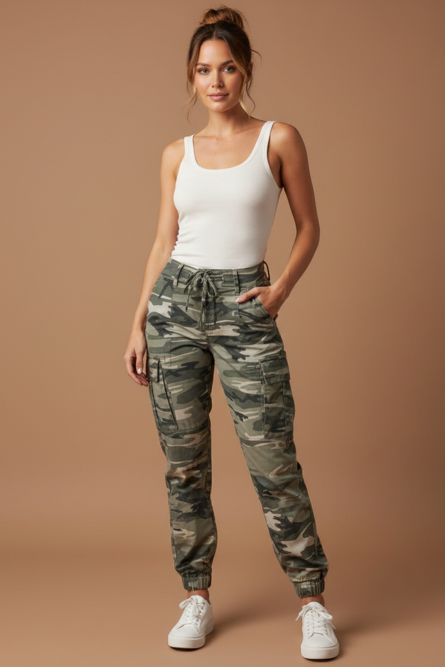 Pantalon Cargo Camouflage Vert Coton Décontracté Femme