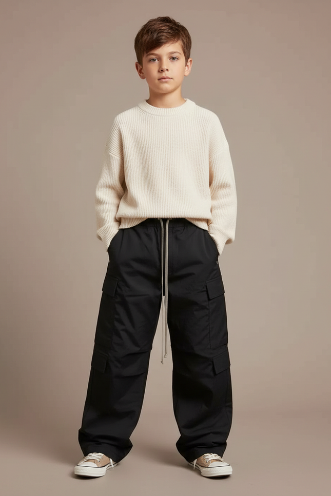 Pantalon Cargo Noir Ample Multi-poches Unisexe - Polyester