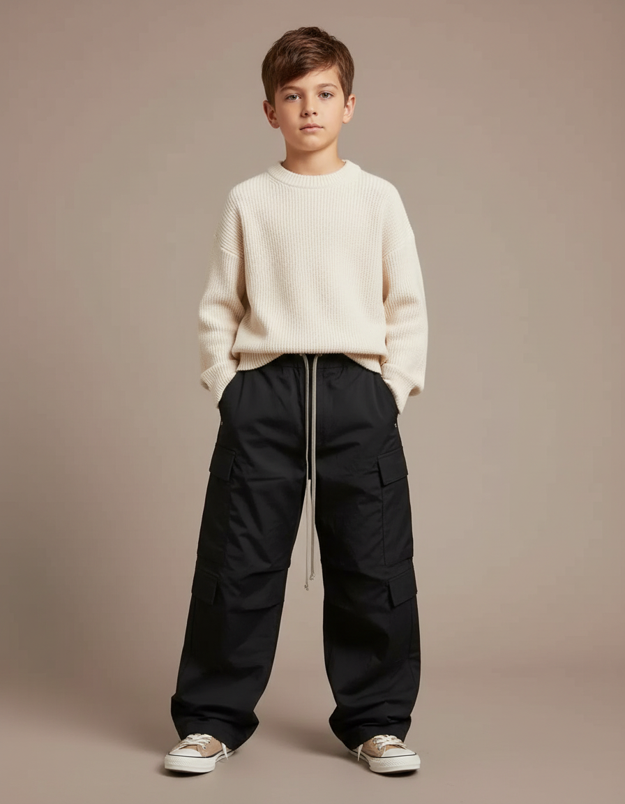Pantalon Cargo Noir Ample Multi-poches Unisexe - Polyester