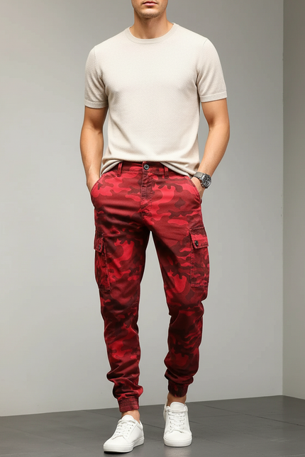 Pantalon Cargo Rouge Camouflage Homme Coton Jogger