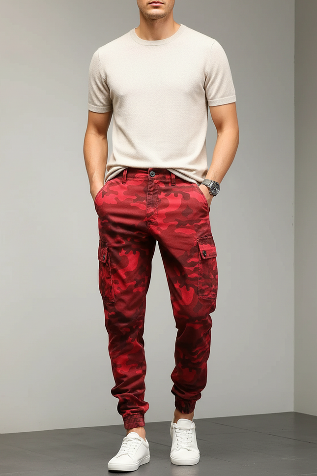 Pantalon Cargo Rouge Camouflage Homme Coton Jogger